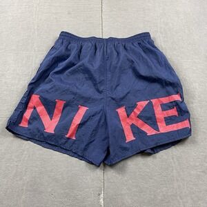 Vintage Nike Shorts‎ Mens Large Blue Spell Out Lined Swim Trunks Y2K Big Logo 5"